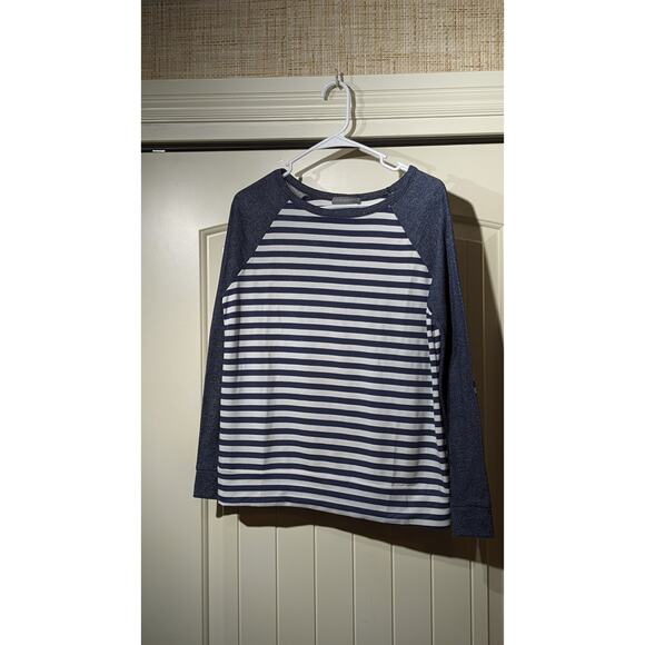 Loveappella Malbec Elbow Patch Blue Striped Knit Top Womens Sz M - Picture 10 of 12